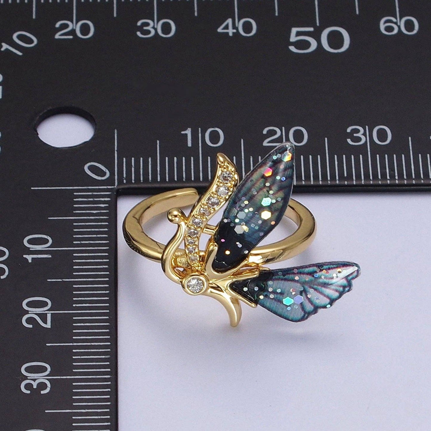 Gold Plated Butterfly Fairy Ring | Micro Paved Antenna, Adjustable Band