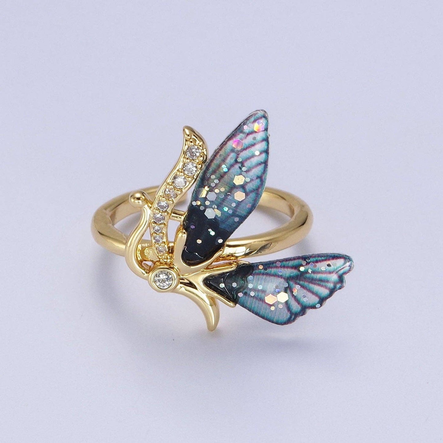 Gold Plated Butterfly Fairy Ring | Micro Paved Antenna, Adjustable Band