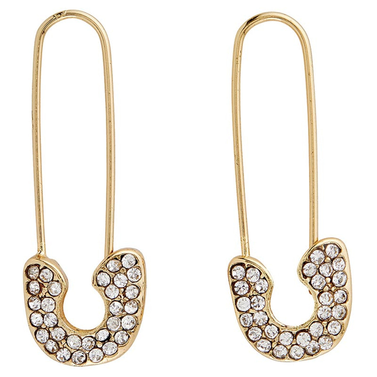 Gold safety pin earrings with crystal embellishments on a white background