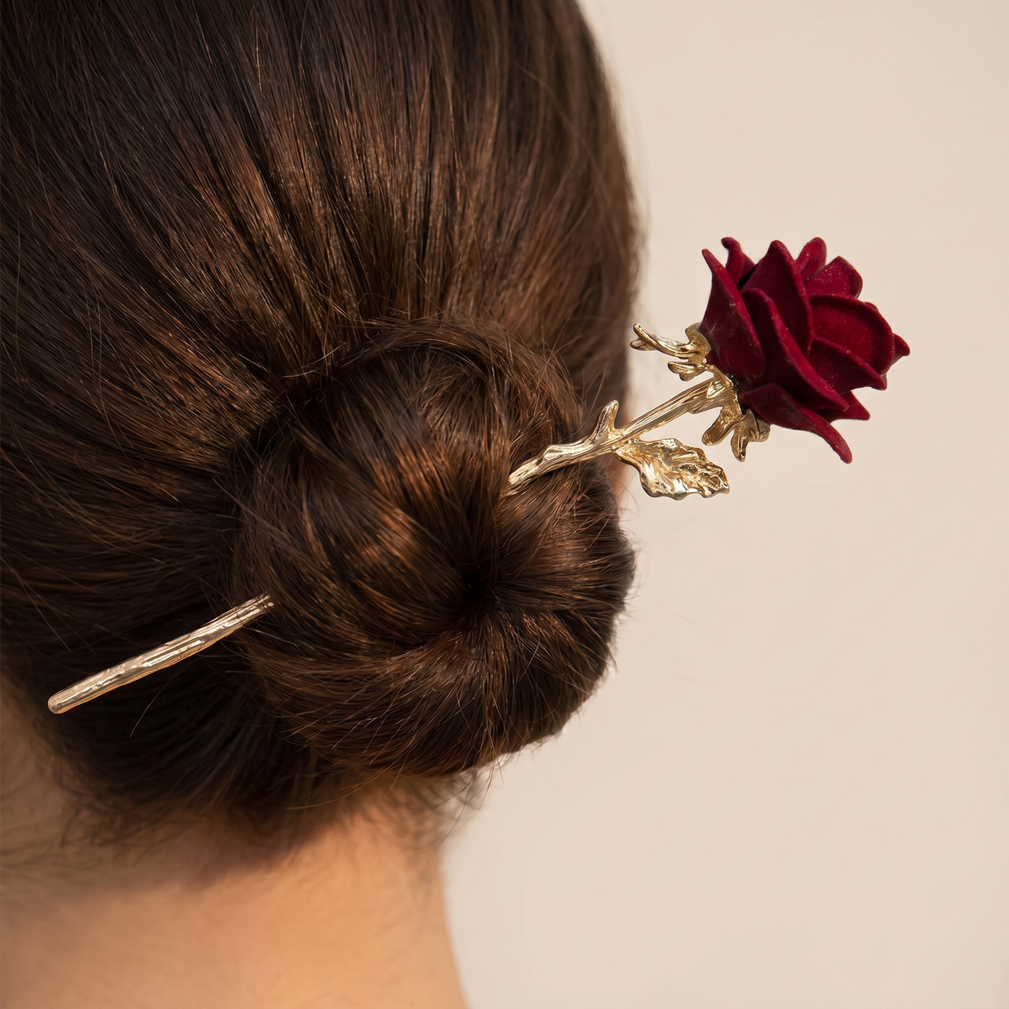 Gold Stemmed Rose Hair Stick | Flocked Dark Red Rose | Hair Bun Pin or Decor