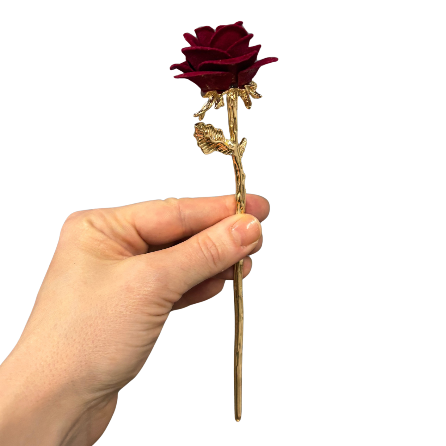Gold Stemmed Rose Hair Stick | Flocked Dark Red Rose | Hair Bun Pin or Decor