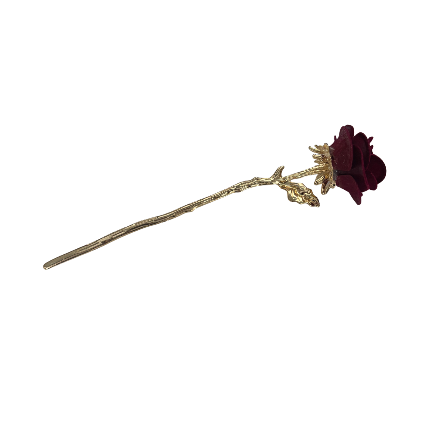 Gold Stemmed Rose Hair Stick | Flocked Dark Red Rose | Hair Bun Pin or Decor
