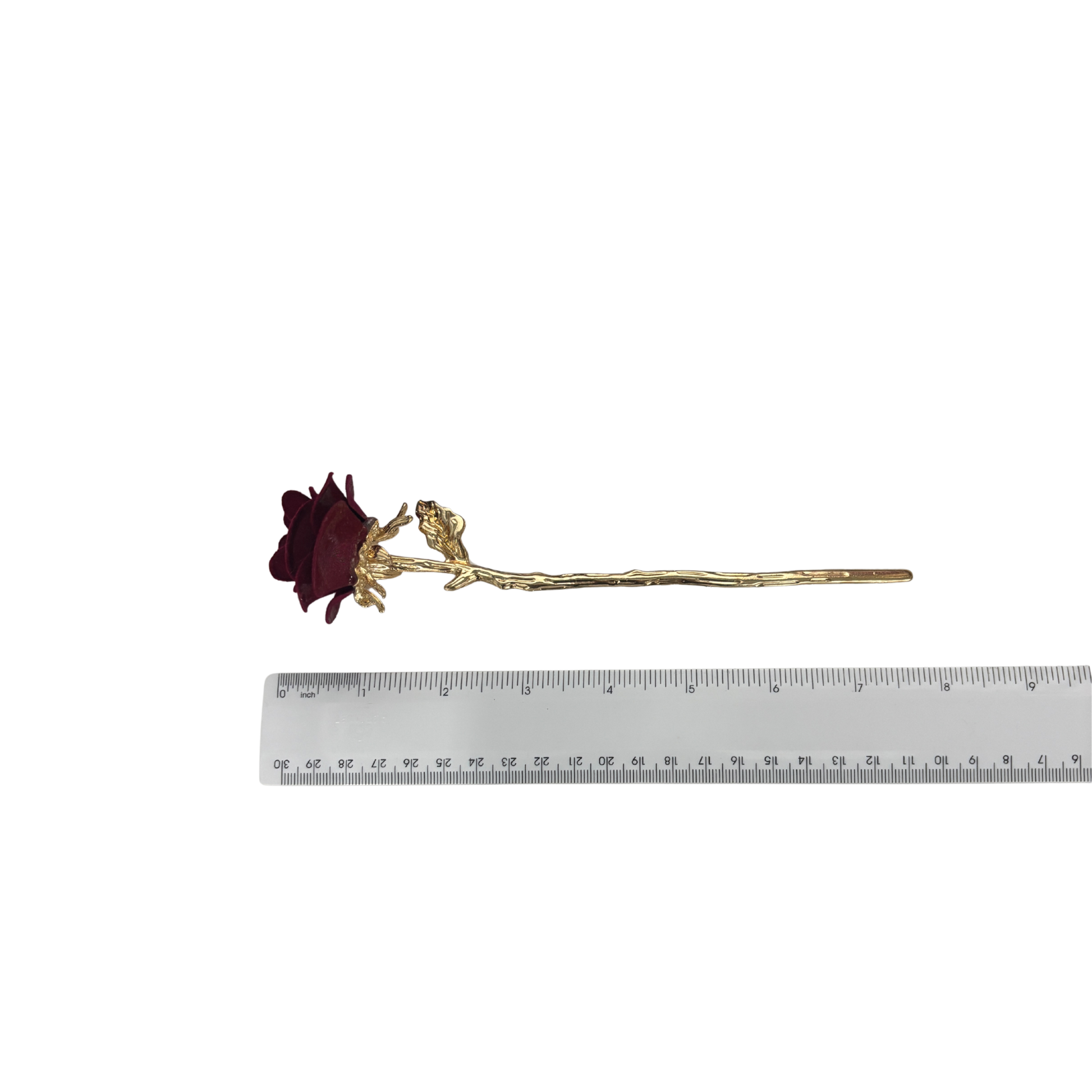 Gold Stemmed Rose Hair Stick | Flocked Dark Red Rose | Hair Bun Pin or Decor