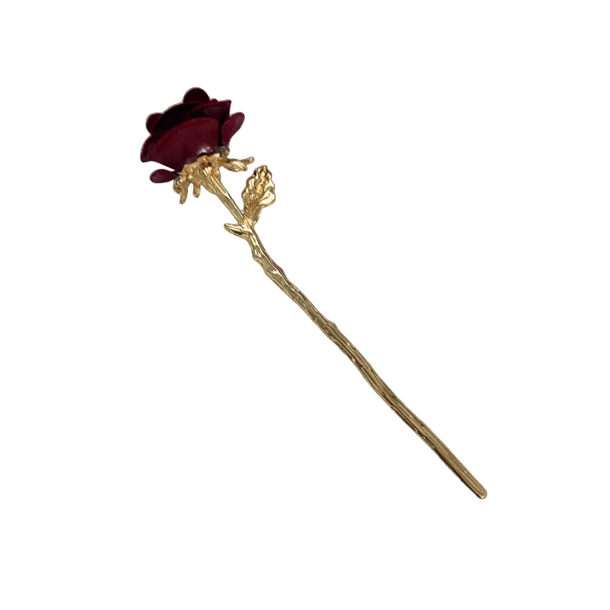 Gold Stemmed Rose Hair Stick | Flocked Dark Red Rose | Hair Bun Pin or Decor