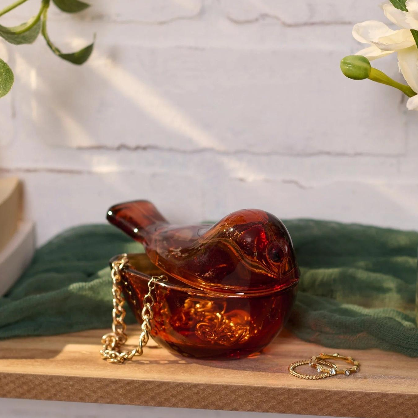 Golden Bird Glass Jar | Decorative Vintage Sculpted Bird Storage Container