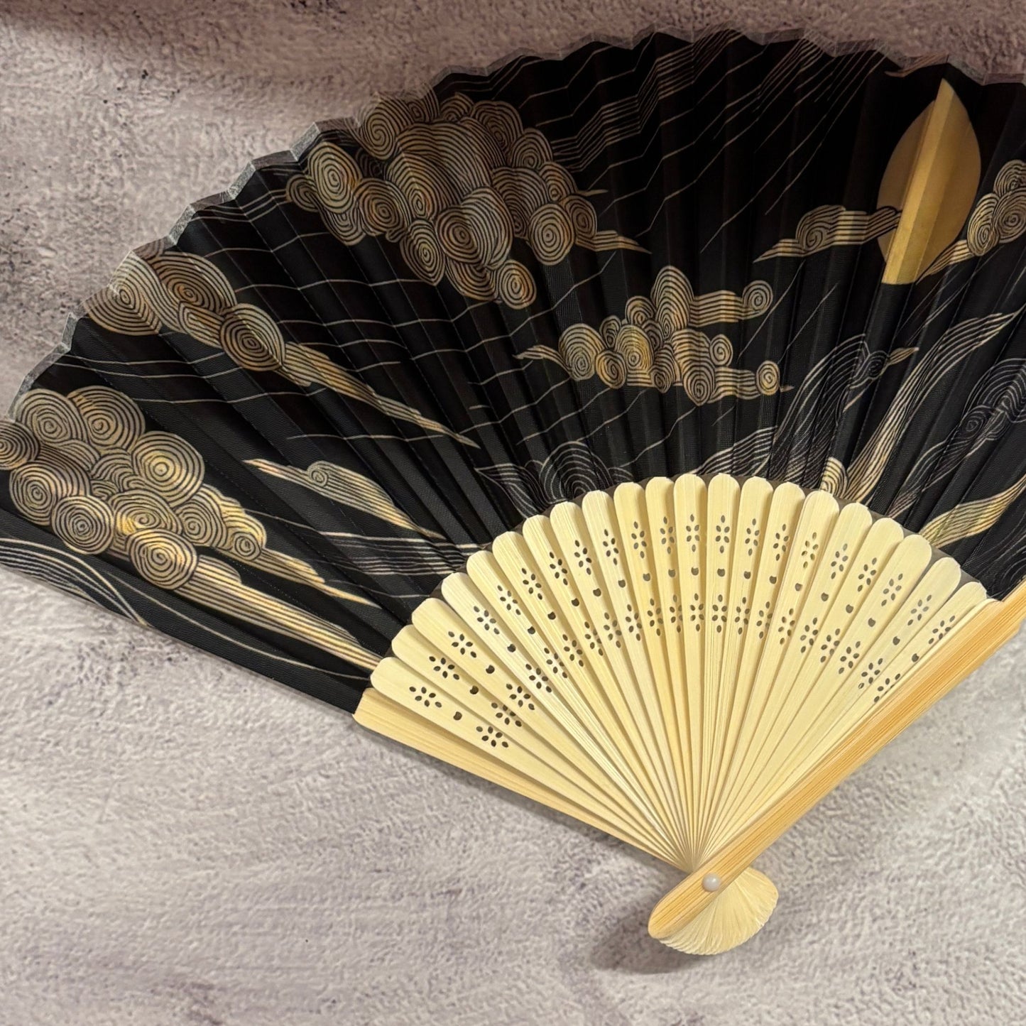 Golden Moon Design Paper Folding Fan | Elegant Handheld Fan with Wooden Frame | 10"