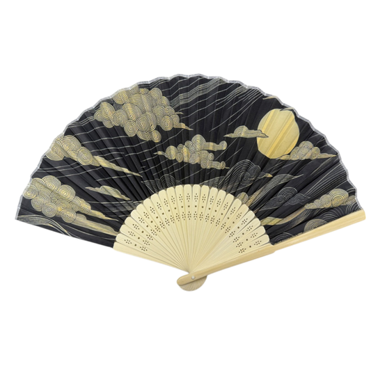 Golden Moon Design Paper Folding Fan | Elegant Handheld Fan with Wooden Frame | 10"