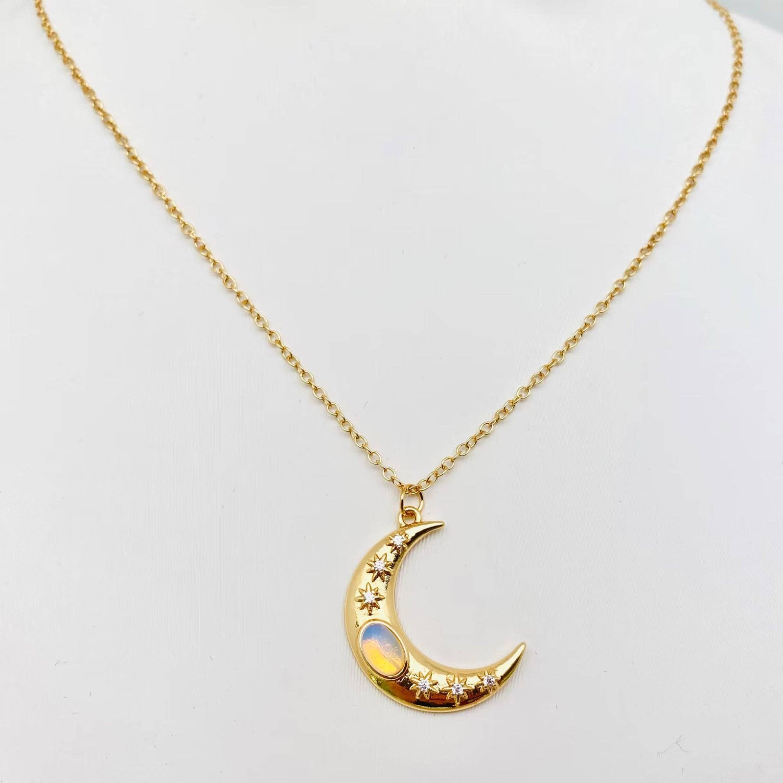 Golden Star Moon Inlaid Opal Pendant Necklace | Fashion Chain Jewelry