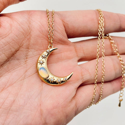 Golden Star Moon Inlaid Opal Pendant Necklace | Fashion Chain Jewelry