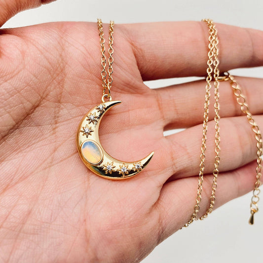 Golden Star Moon Inlaid Opal Pendant Necklace | Fashion Chain Jewelry