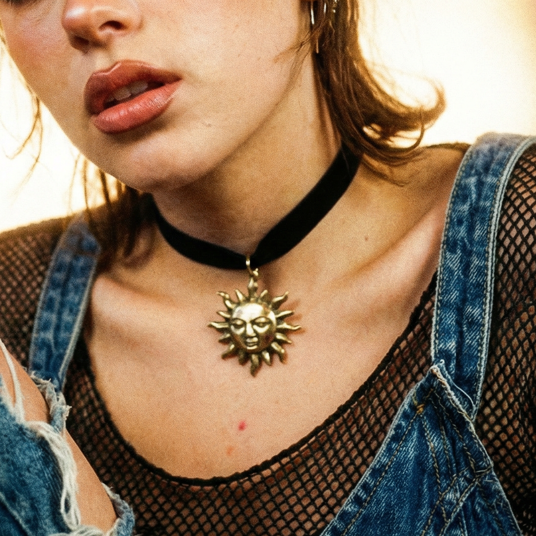 Golden Sun Face Black Velvet Choker