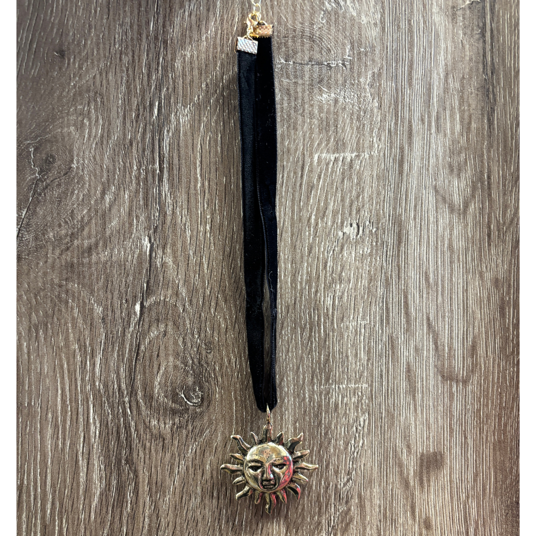 Golden Sun Face Black Velvet Choker