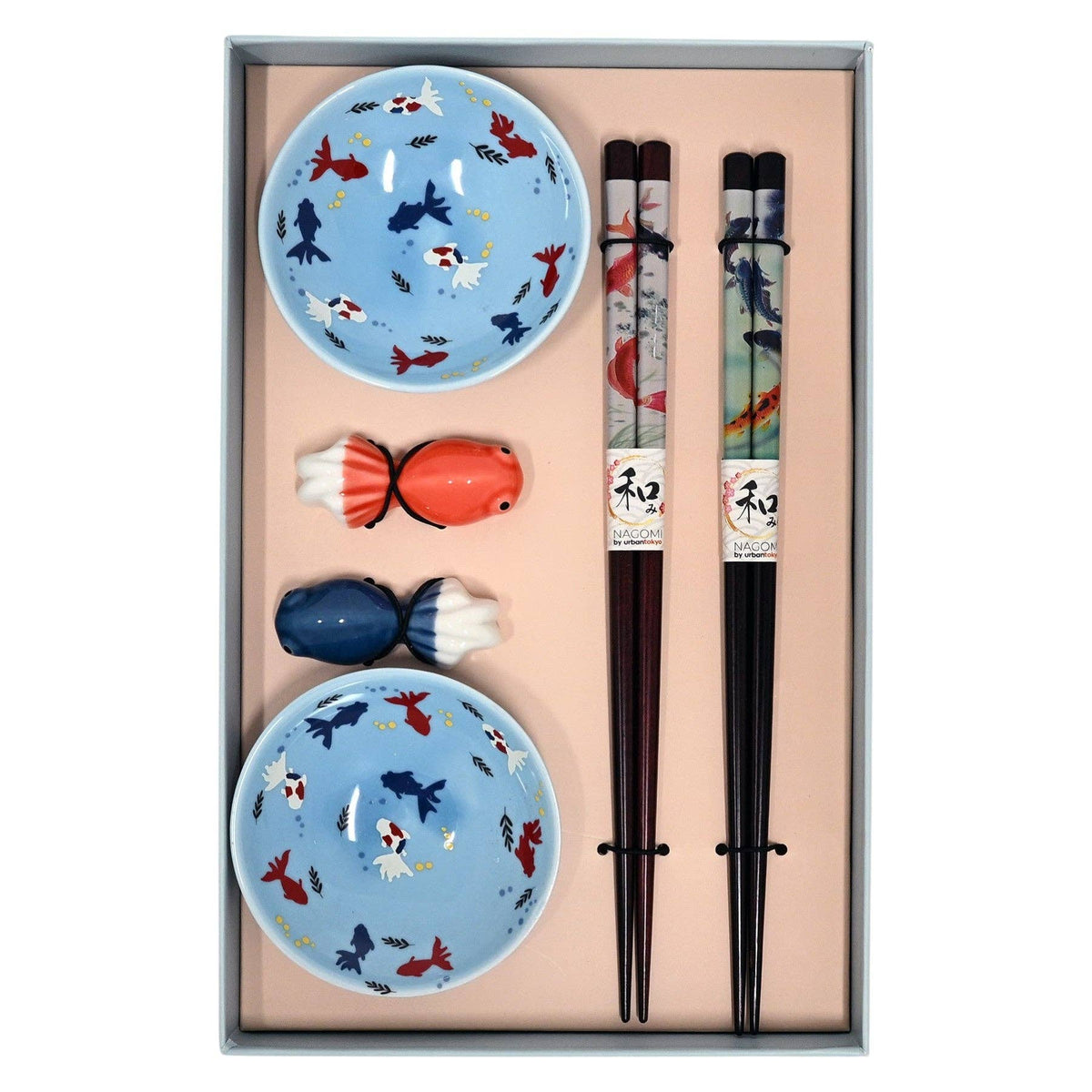 A boxed gift set containing two light blue bowls with red, white, and blue fish patterns, two chopsticks with Japanese calligraphy and fish artwork, and two small decorative fish-shaped chopstick rest, all arranged in a rectangular box.