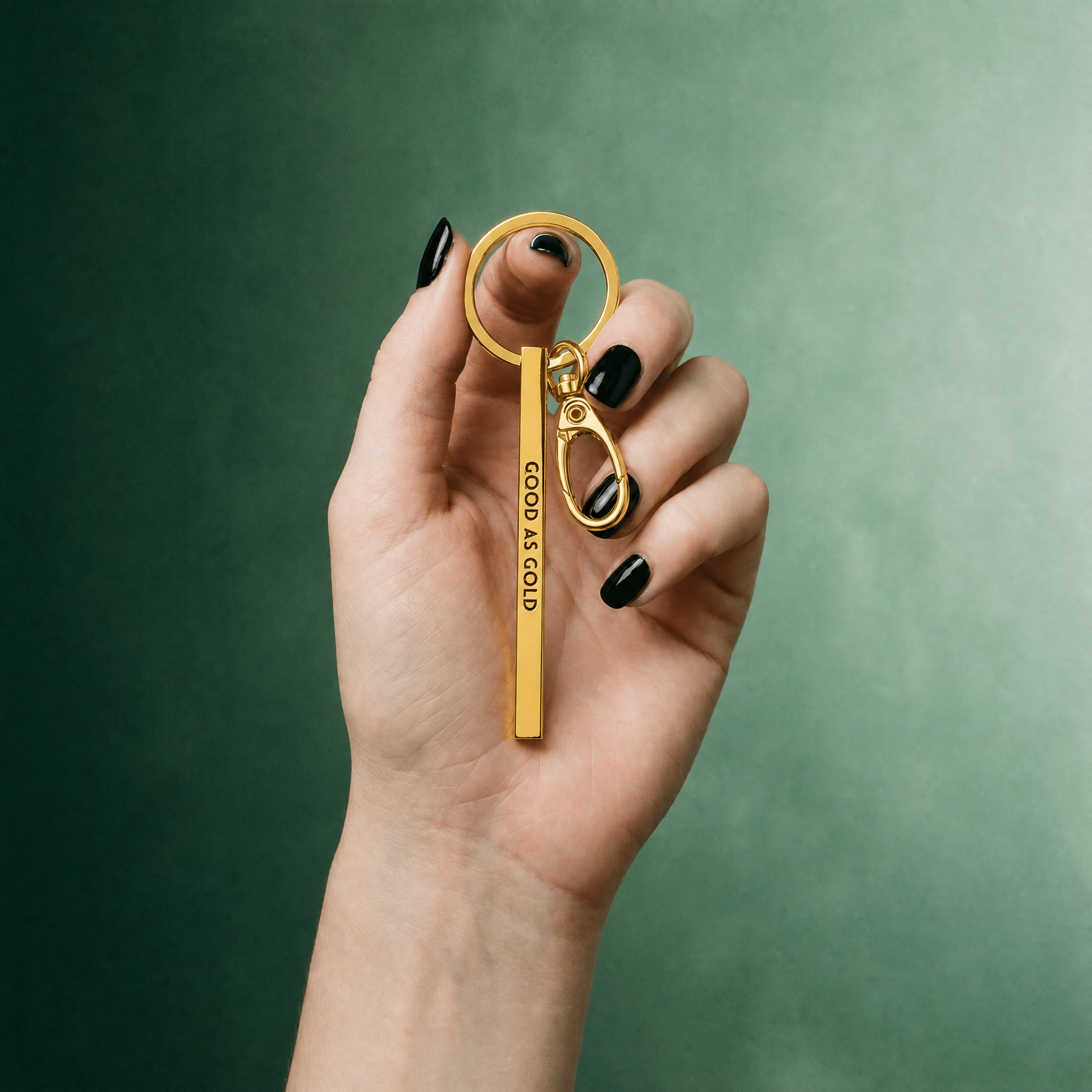 Good As Gold Stamped Bar Keychain in Gold | Minimalist Metal Quote Keychain