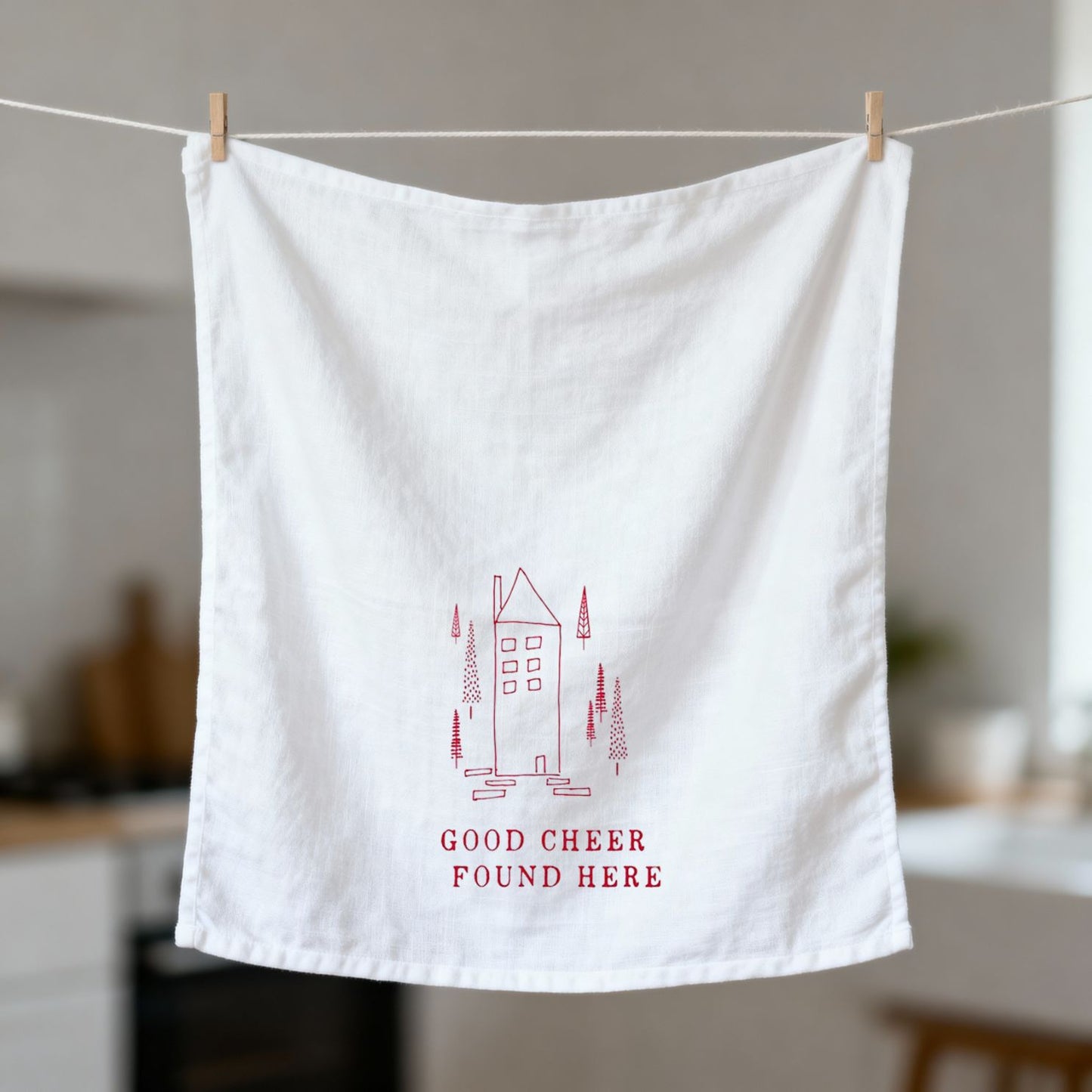 Good Cheer Found Here Thirsty Boy Dish Towel | Christmas Giftable Cotton Flour Sack Kitchen Towel | 30" x 30"