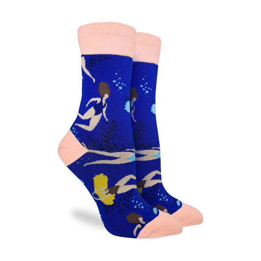 Good Luck Swimming Women's Socks | Blue Cartoon Swimmer Pattern Crew Socks