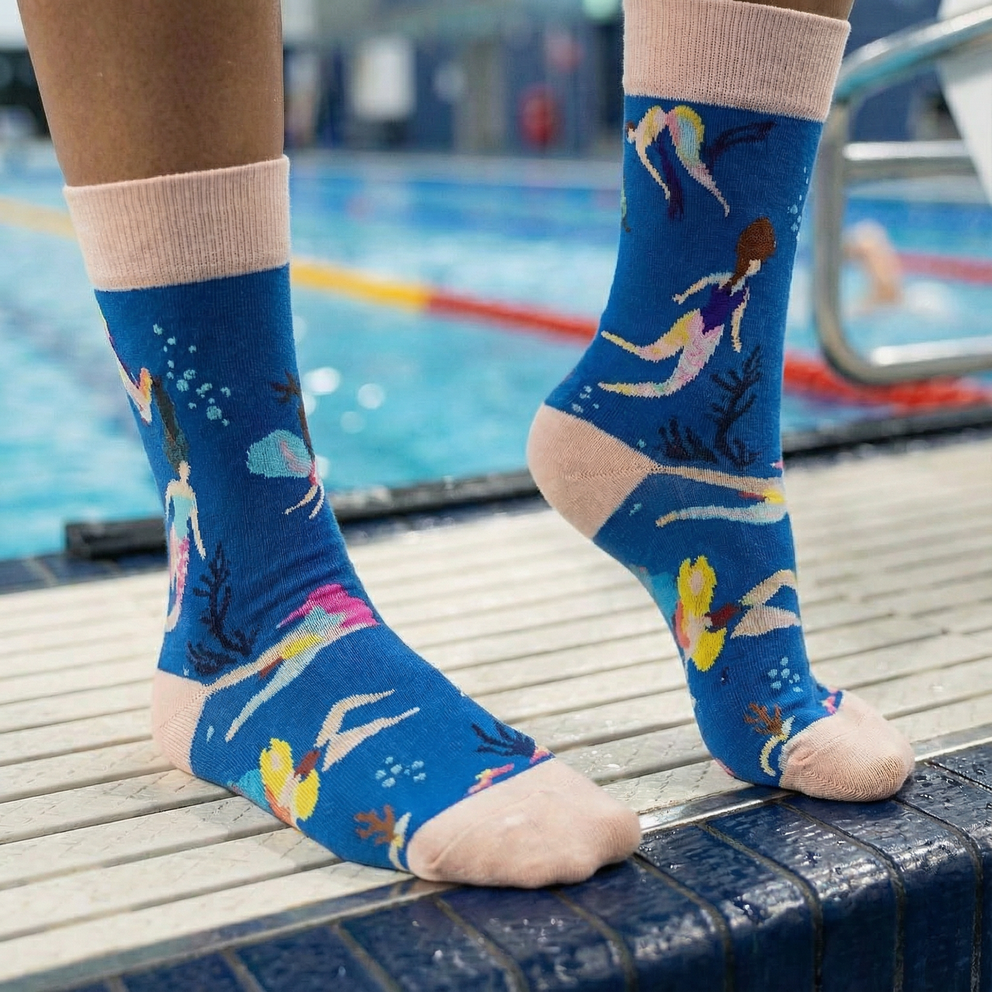 Good Luck Swimming Women's Socks | Blue Cartoon Swimmer Pattern Crew Socks
