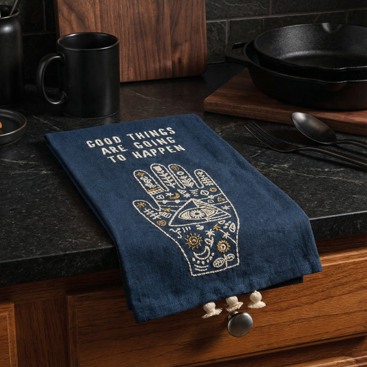 Good Things Are Going To Happen Dish Cloth Towel | Cotton and Linen | Embroidered with Tassels | 20" x 26"