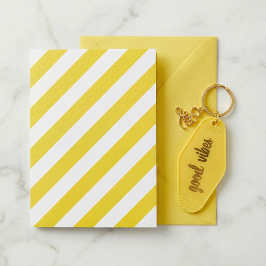 Good Vibes Motel Style Keychain with "Good Vibes on Your Birthday" Greeting Card | Gift for Her
