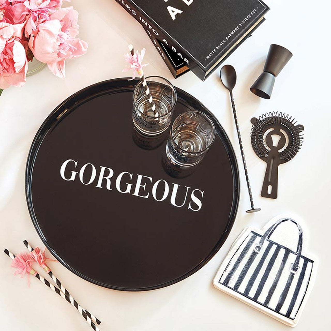 Gorgeous Round Black Bar Tray | Serving Tray with Handles | 13.5" Diameter