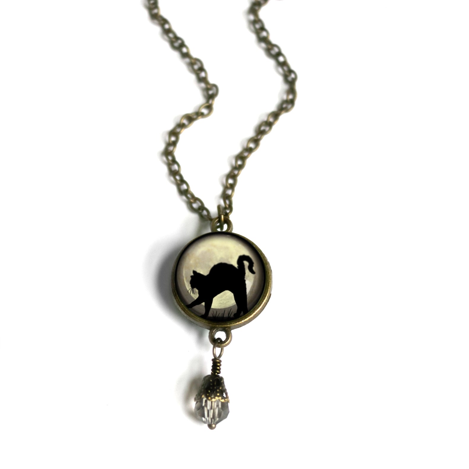 Goth Black Cat on Full Moon Pendant with Bead | Handmade in the US