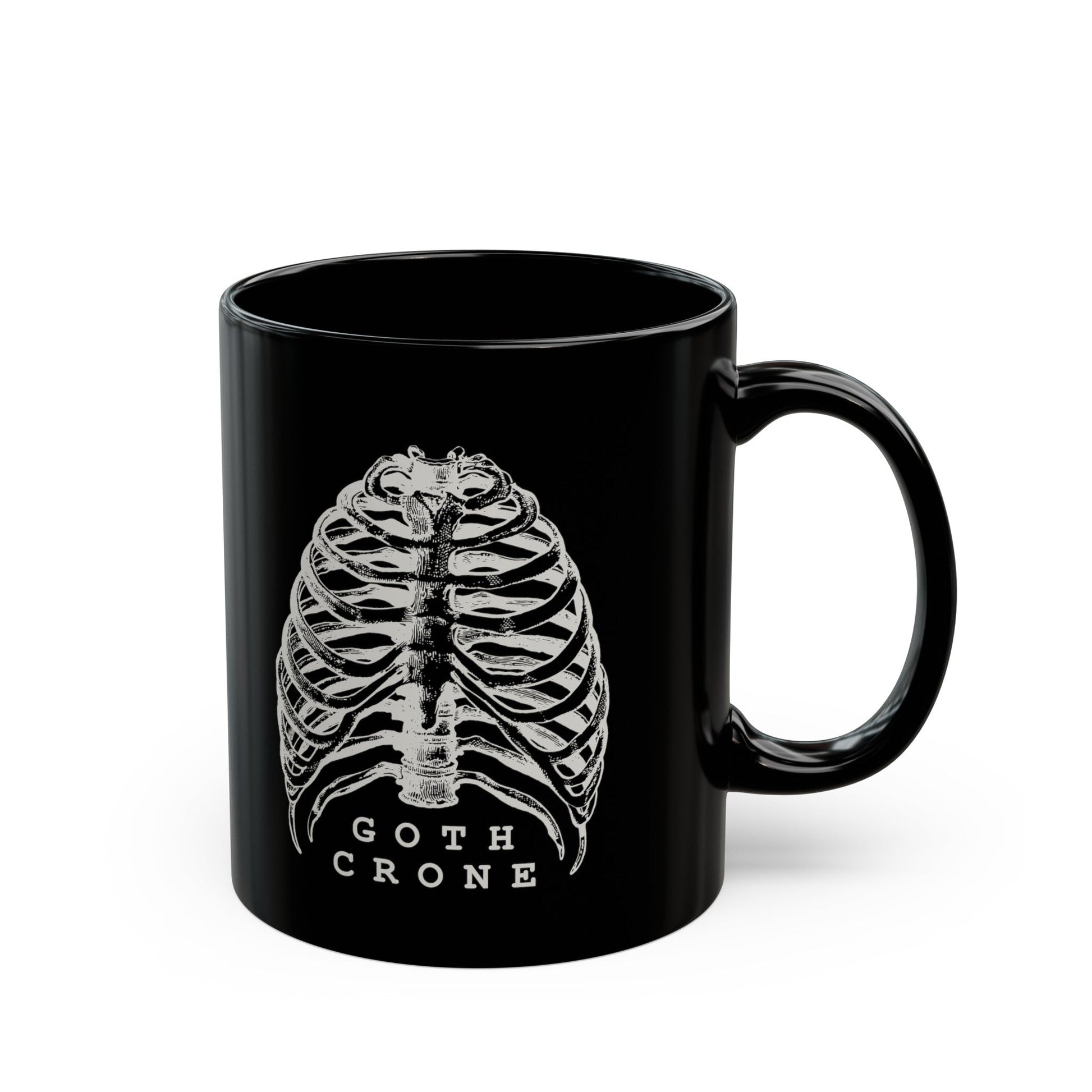 Goth Crone 11oz Black Mug | Gothic Spooky Ribcage Illustration