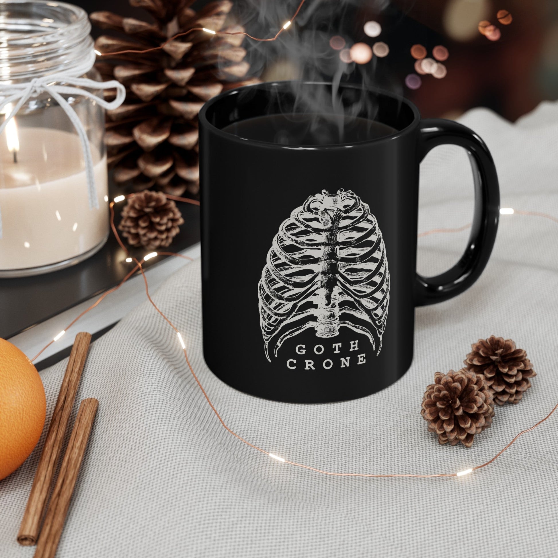 Goth Crone 11oz Black Mug | Gothic Spooky Ribcage Illustration