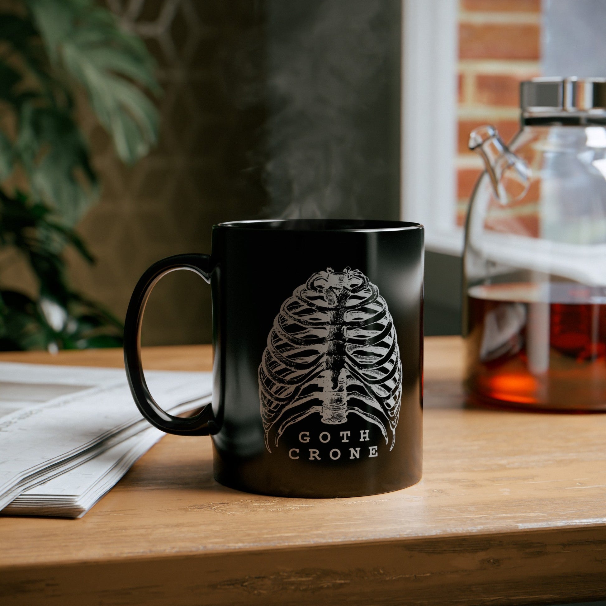 Goth Crone 11oz Black Mug | Gothic Spooky Ribcage Illustration