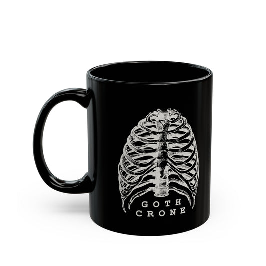 Goth Crone 11oz Black Mug | Gothic Spooky Ribcage Illustration