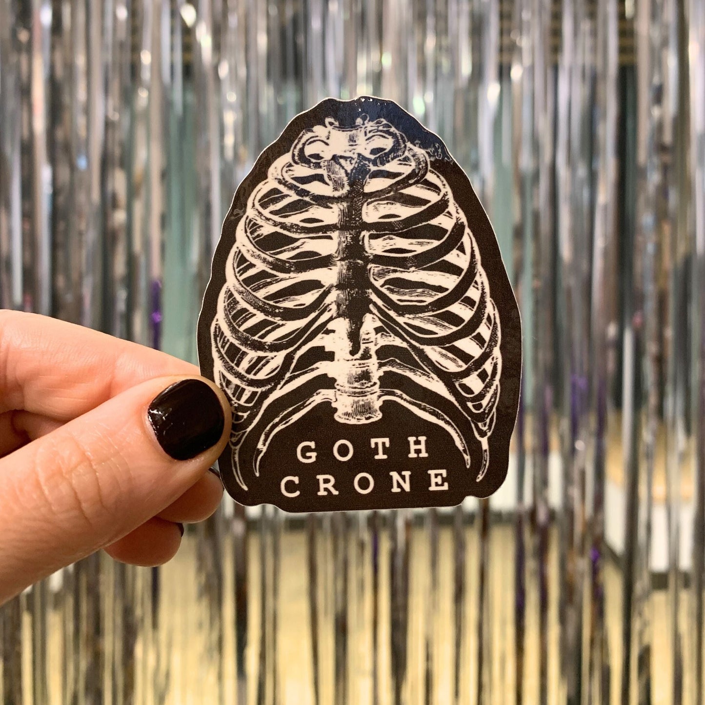 Goth Crone Sticker | Vinyl Die Cut Decal | Gothic Spooky Ribcage Illustration