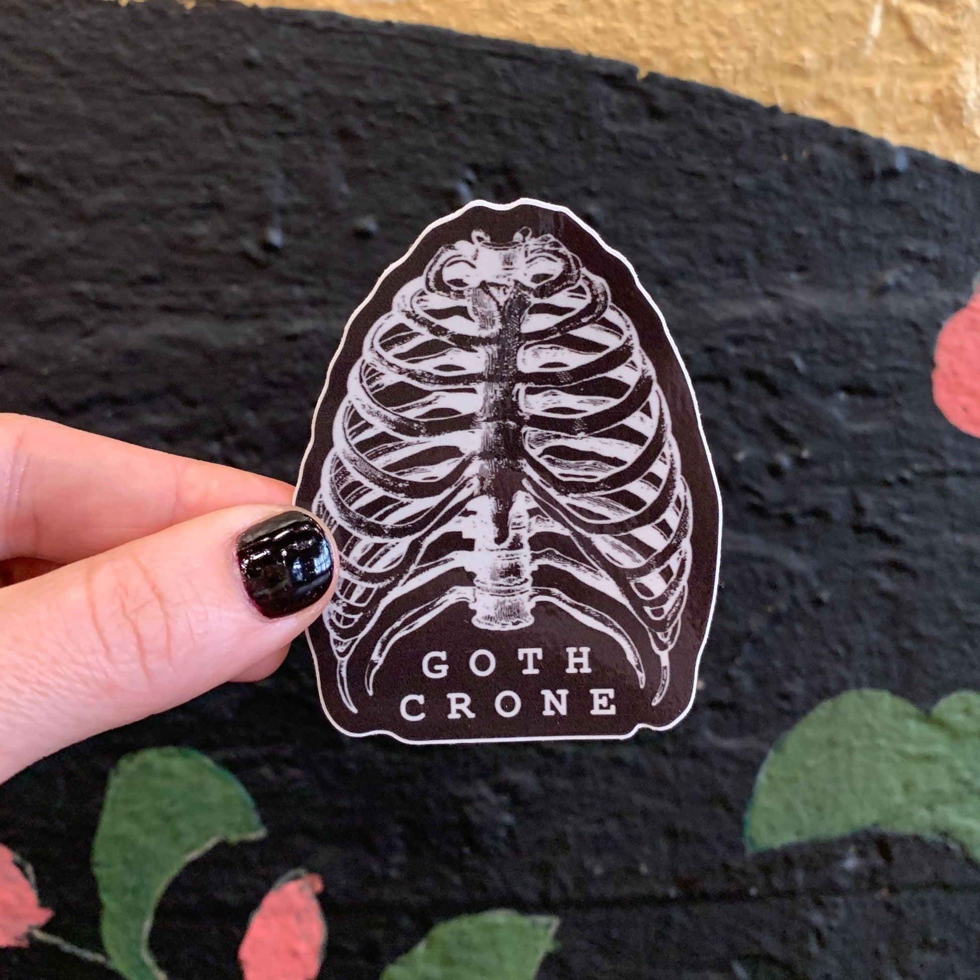 Goth Crone Sticker | Vinyl Die Cut Decal | Gothic Spooky Ribcage Illustration