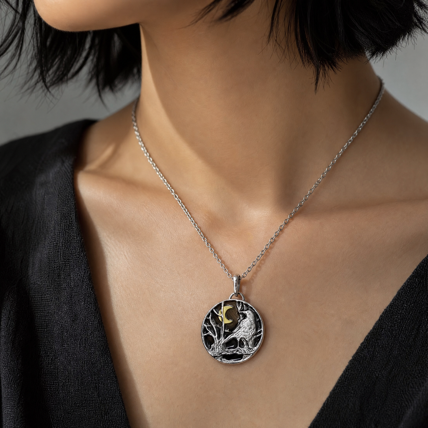 Goth Raven and Crescent Moon Pendant Necklace | Dark Academia Gothic Jewelry