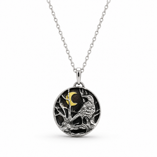 Goth Raven and Crescent Moon Pendant Necklace | Dark Academia Gothic Jewelry