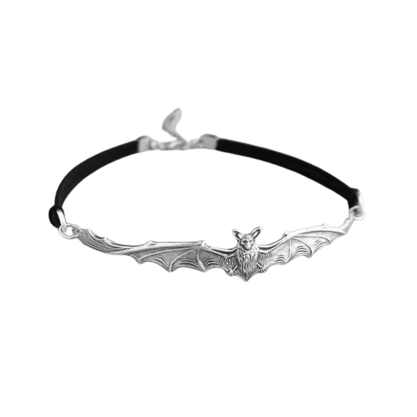 Gothic Bat Choker | Silver Bat Pendant on Black Cord | Silver Hardware