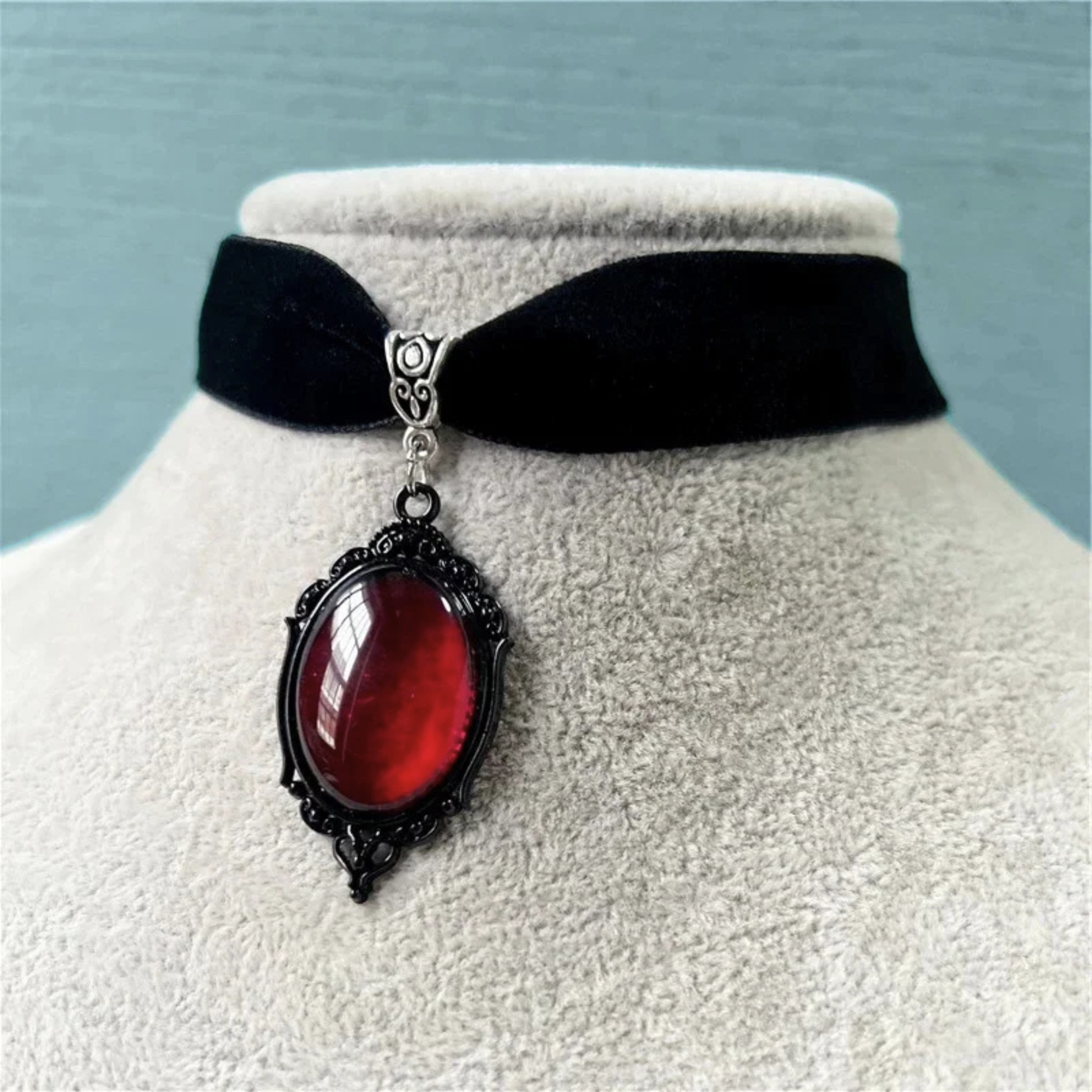Gothic Blood Choker | Black Velvet Choker with Red Gem