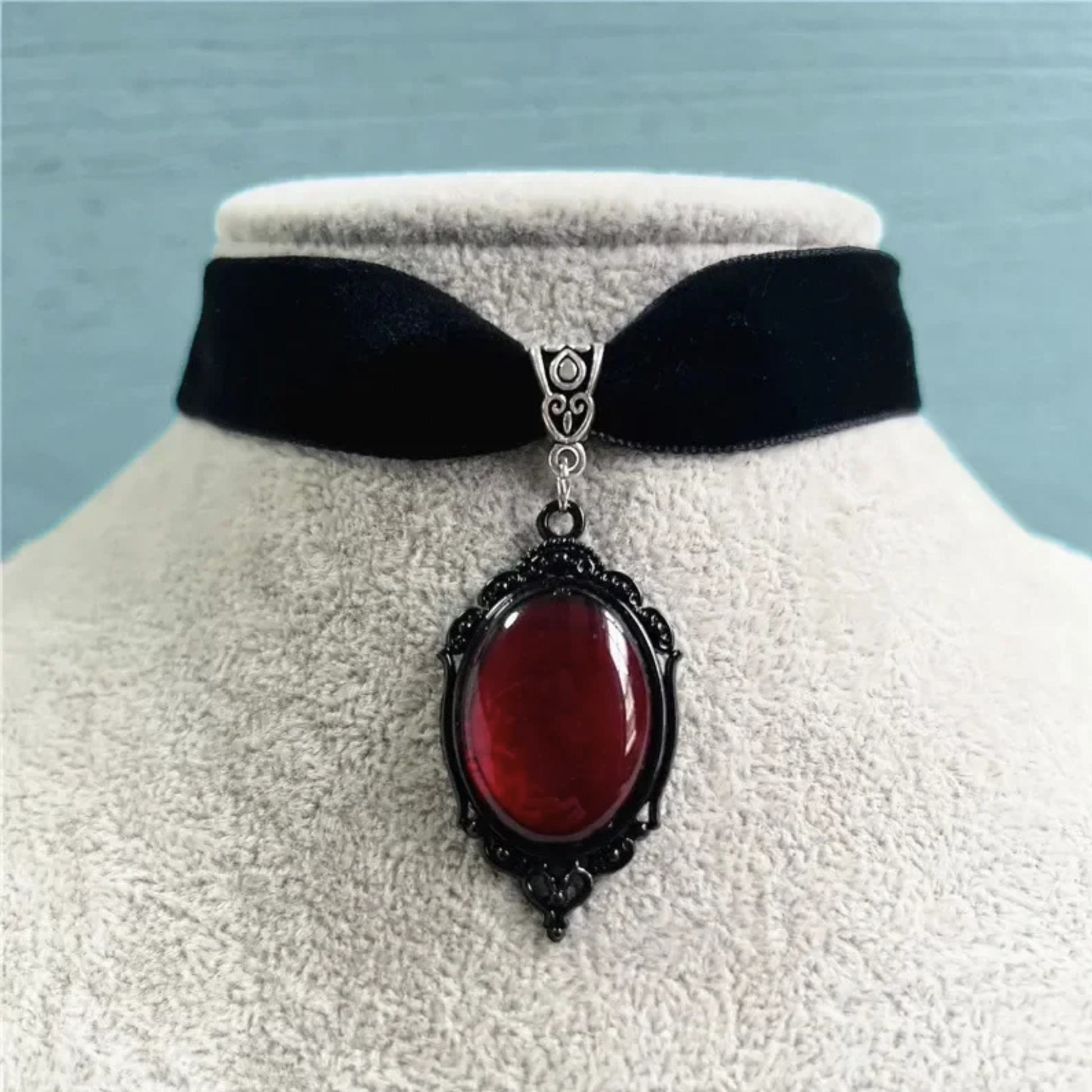 Gothic Blood Choker | Black Velvet Choker with Red Gem