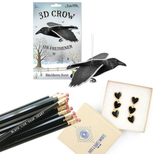 Gothic Fun Gift Bundle | 3D Crow Air Freshener, Pencil Set, Heart Drop Earrings | Black