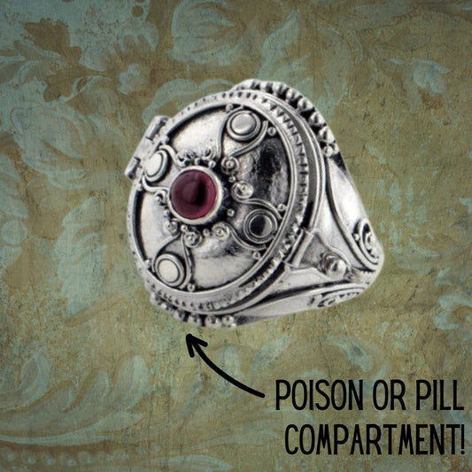 Gothic Oval Poison Ring Sterling Silver & Garnet Gemstone | Sizes 7-9