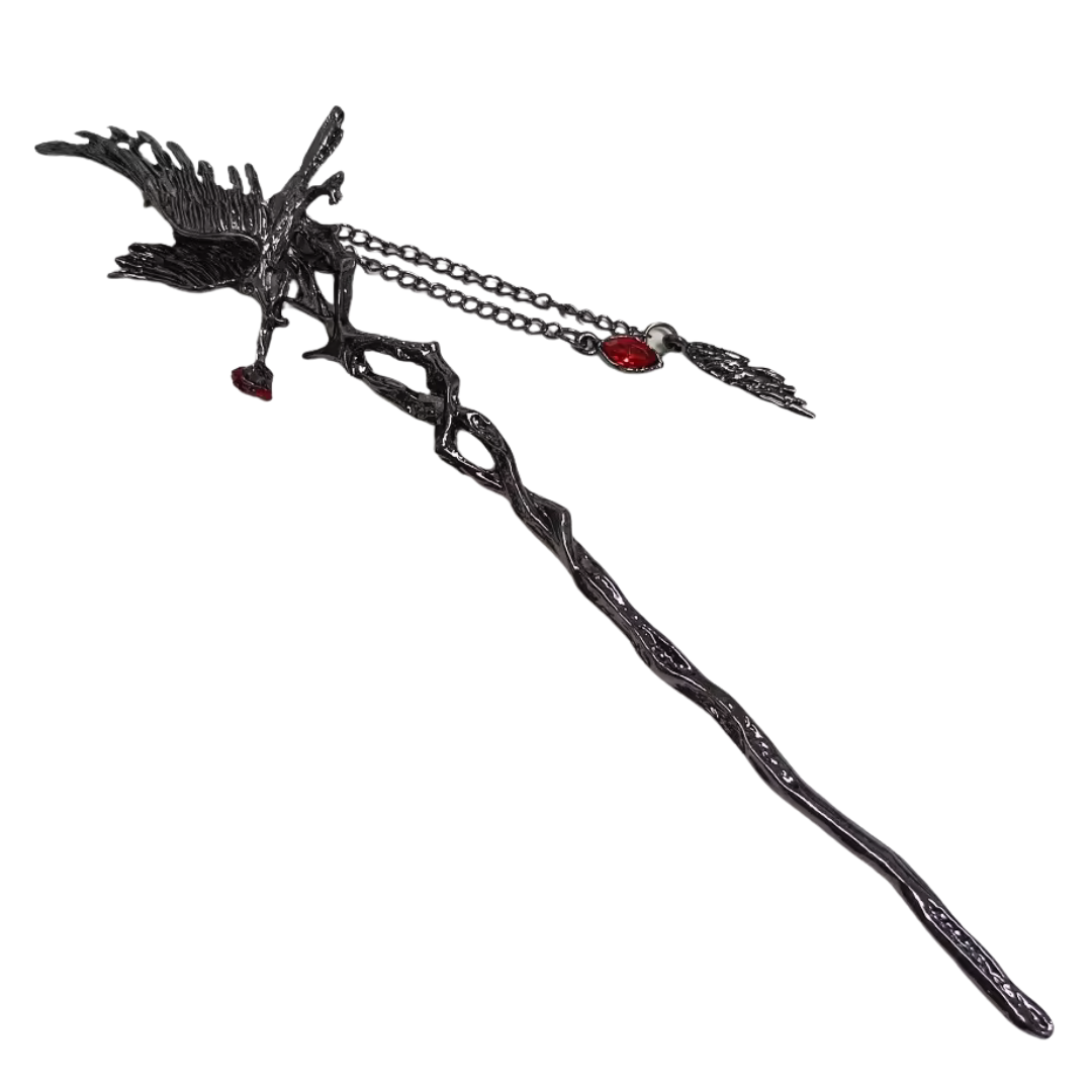 Gothic Raven Hair Stick | 7" Branch Style with Red Gems & Dangle Charms