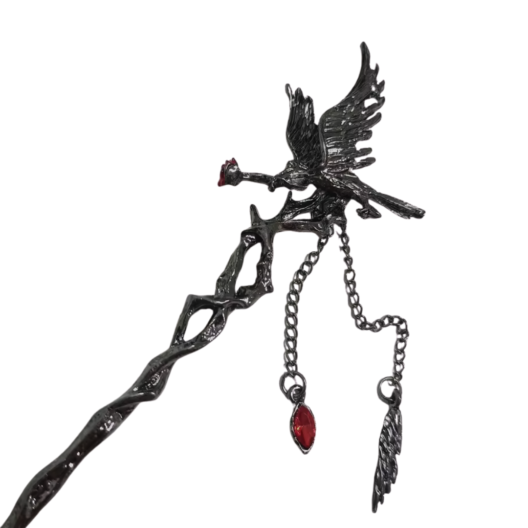 Gothic Raven Hair Stick | 7" Branch Style with Red Gems & Dangle Charms