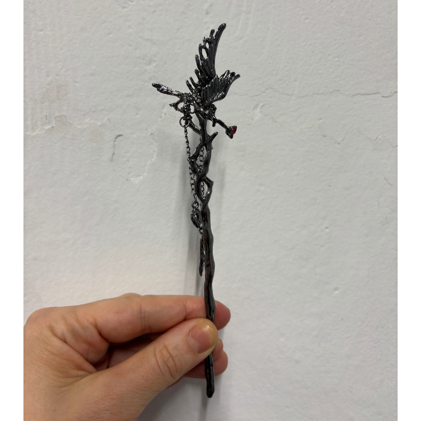 Gothic Raven Hair Stick | 7" Branch Style with Red Gems & Dangle Charms