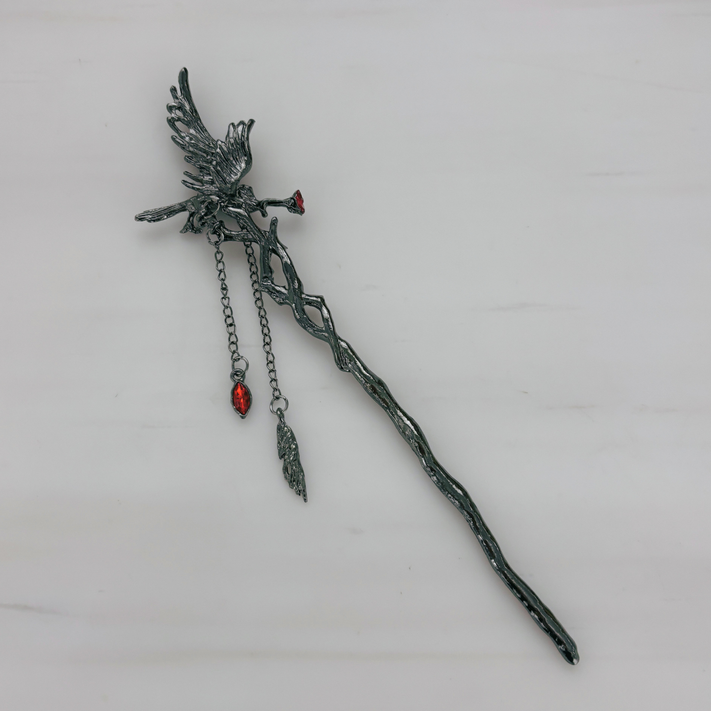 Gothic Raven Hair Stick | 7" Branch Style with Red Gems & Dangle Charms