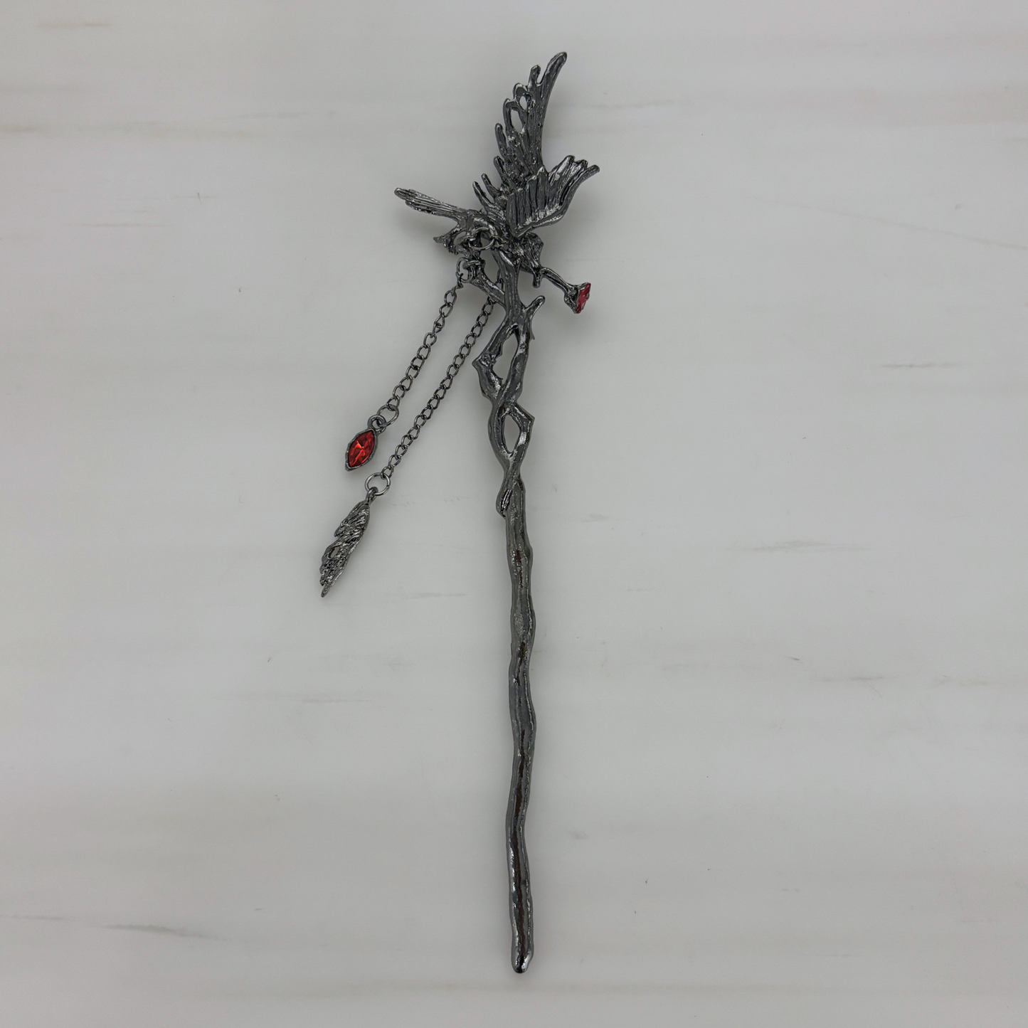Gothic Raven Hair Stick | 7" Branch Style with Red Gems & Dangle Charms