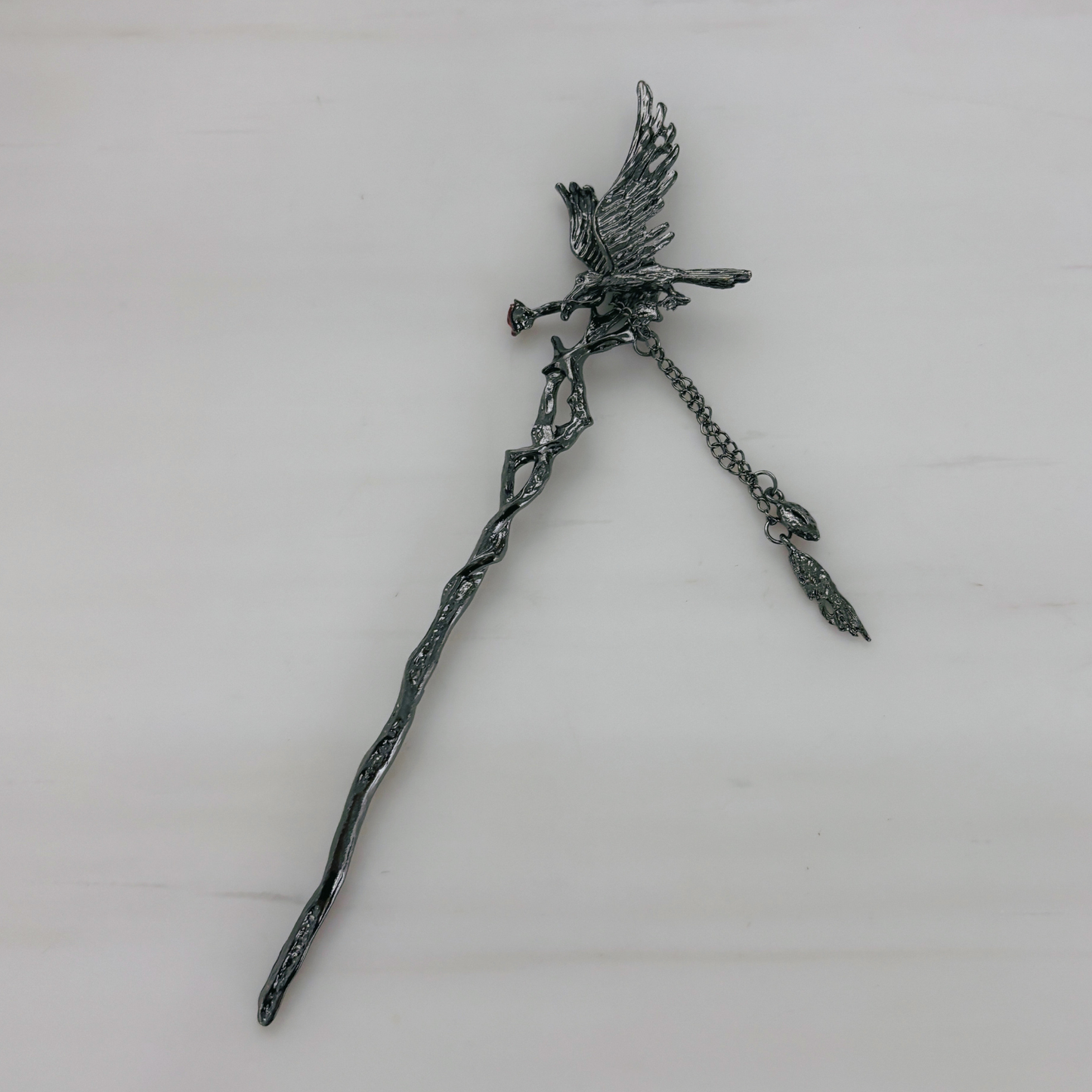 Gothic Raven Hair Stick | 7" Branch Style with Red Gems & Dangle Charms