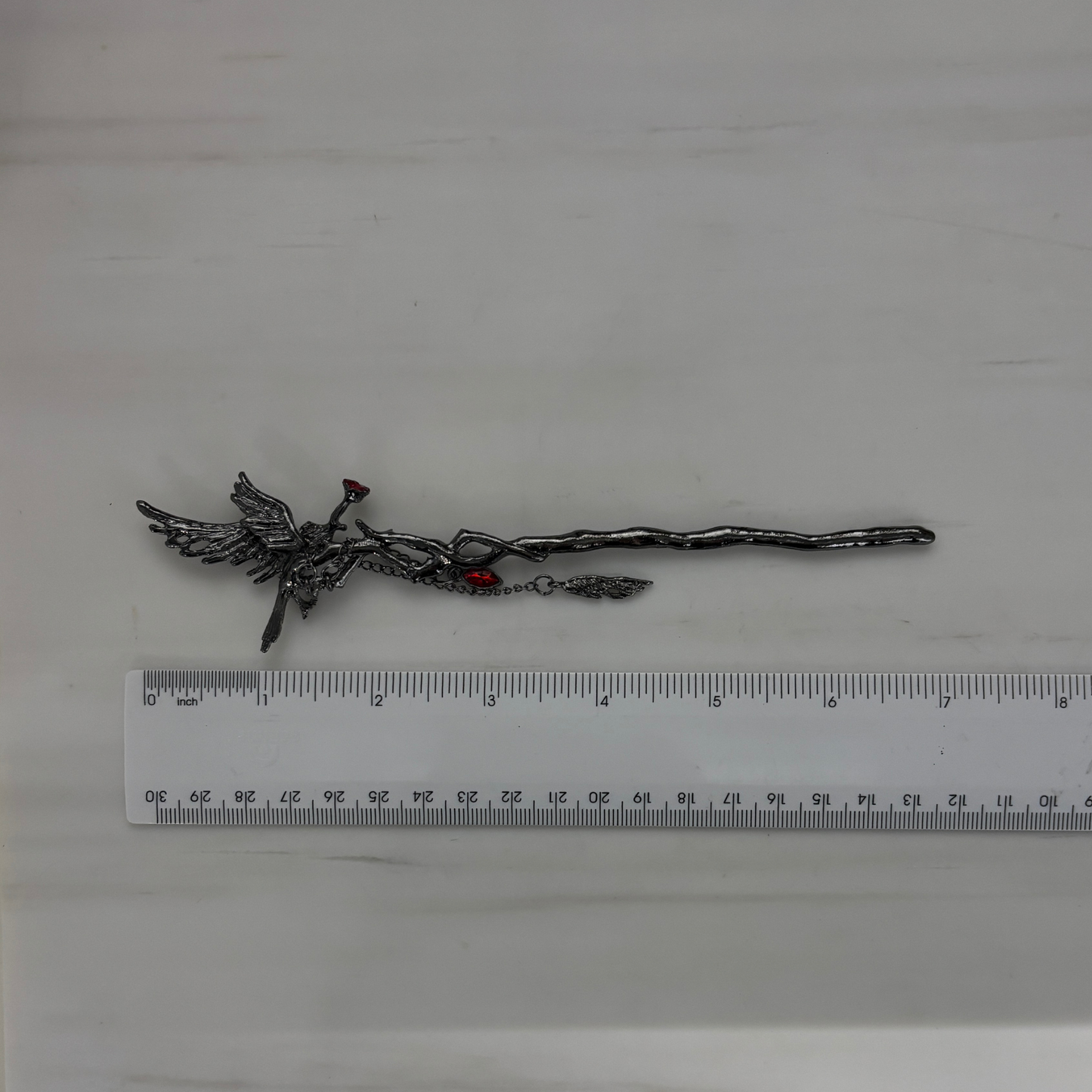 Gothic Raven Hair Stick | 7" Branch Style with Red Gems & Dangle Charms