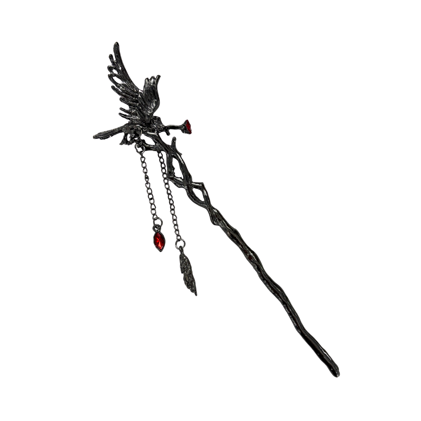 Gothic Raven Hair Stick | 7" Branch Style with Red Gems & Dangle Charms