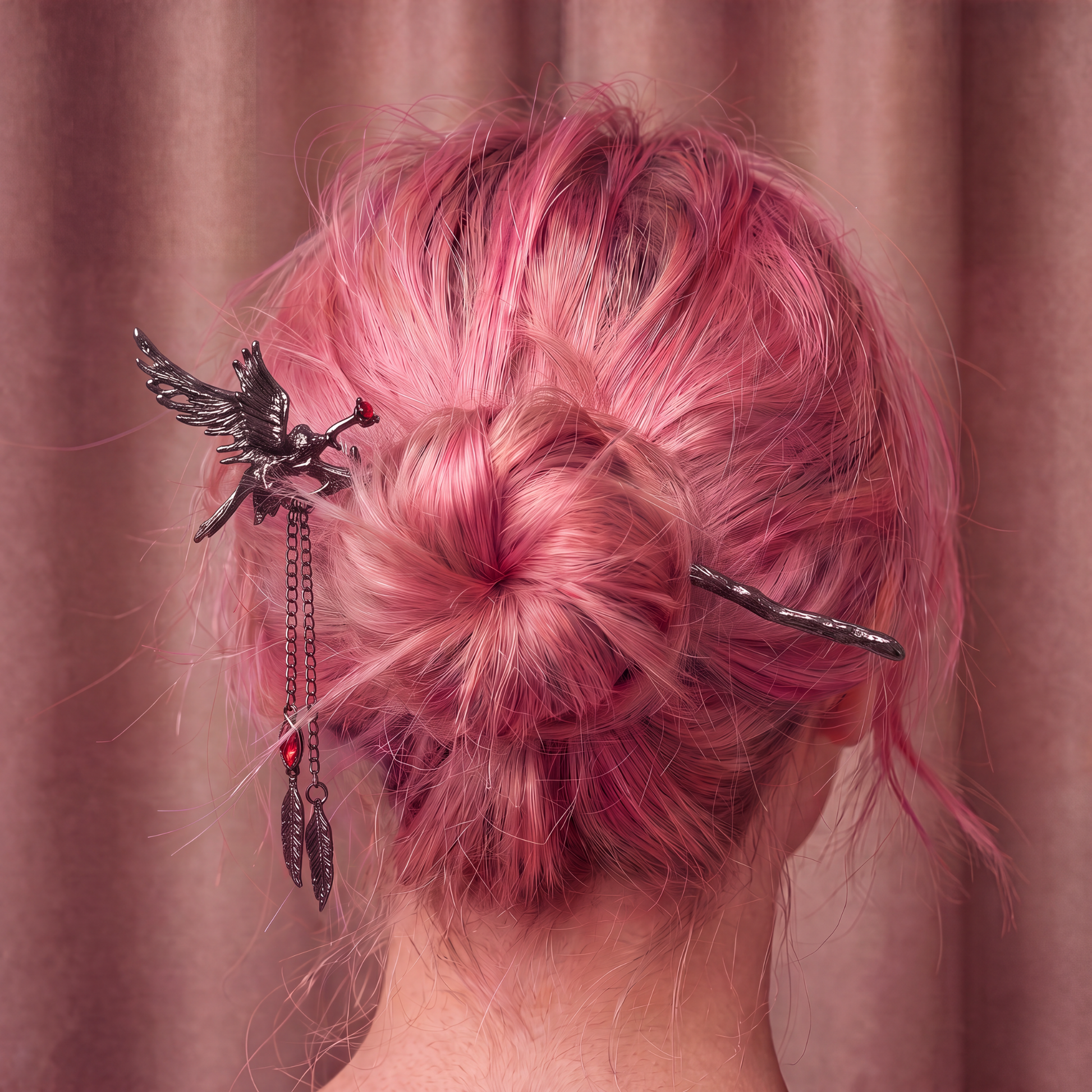 Gothic Raven Hair Stick | 7" Branch Style with Red Gems & Dangle Charms-Paper & Quartz-The Bullish Store