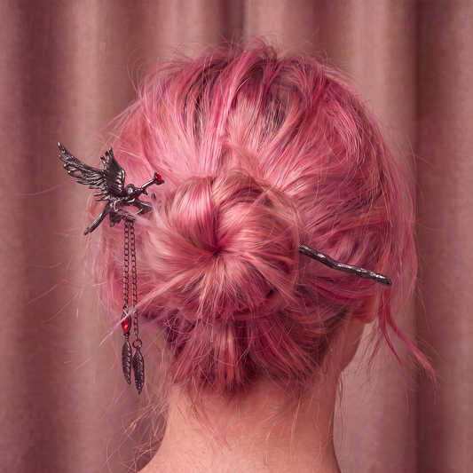 Gothic Raven Hair Stick | 7" Branch Style with Red Gems & Dangle Charms-Paper & Quartz-The Bullish Store