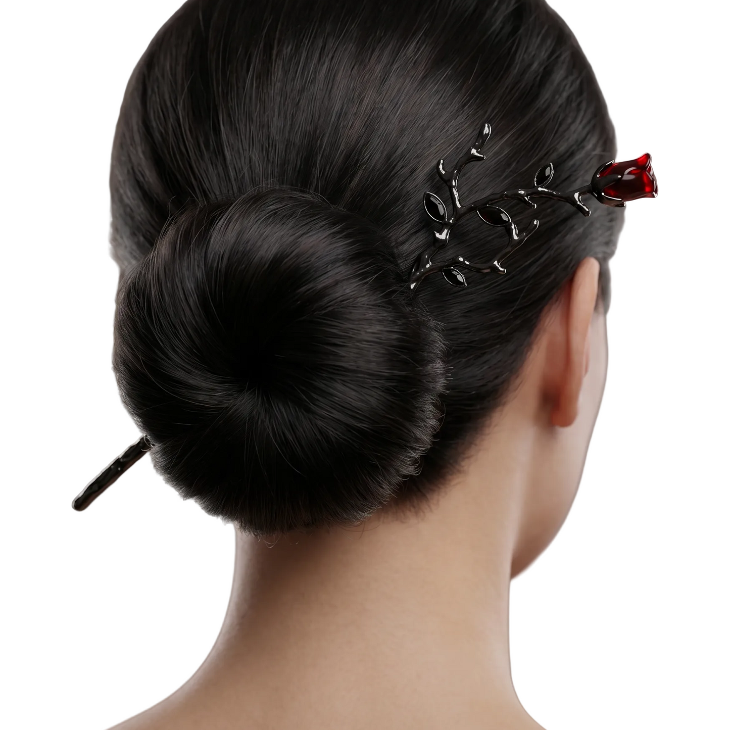 Gothic Rose Hair Stick | Dark Metal Bun Pin with Red Rose & Black Gems