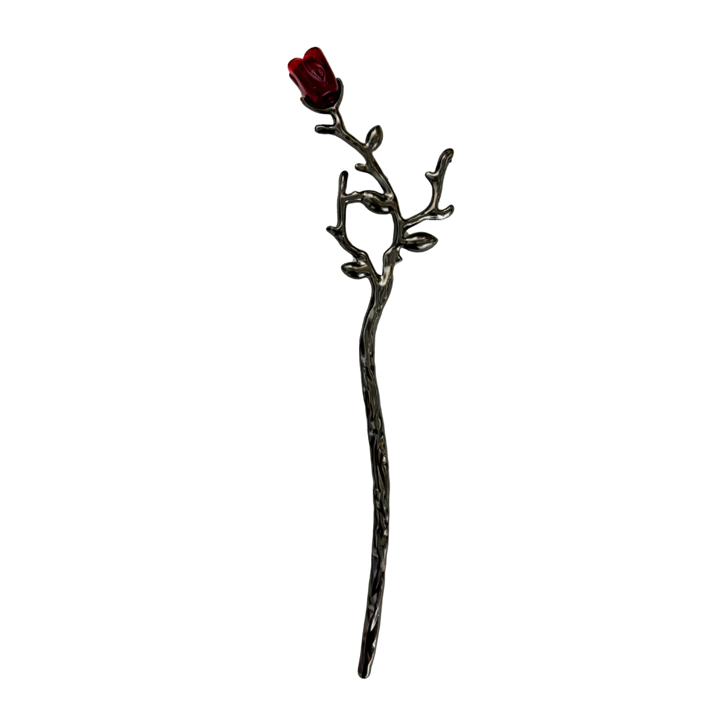 Gothic Rose Hair Stick | Dark Metal Bun Pin with Red Rose & Black Gems